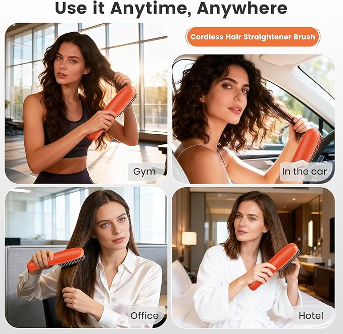 Cordless Hair Straightener Brush DOCOCO Straightening Brush with Adjustable Temperature Heat Brush Hair Straightener for Smooth Anti Frizz Hair Thick Curly Hair Brush Straightener for Women