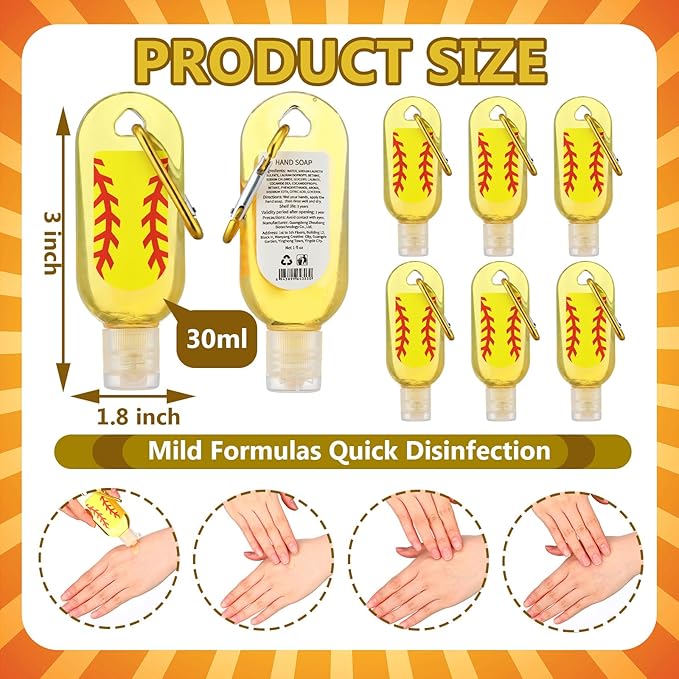 Kigeli 24 Pack Hand Sanitizers Keychain Bulk Gift Mini Travel Size Hand Sanitizer Gel Keychain Bulk Sports Team Gift Birthday Party Favors(Softball)