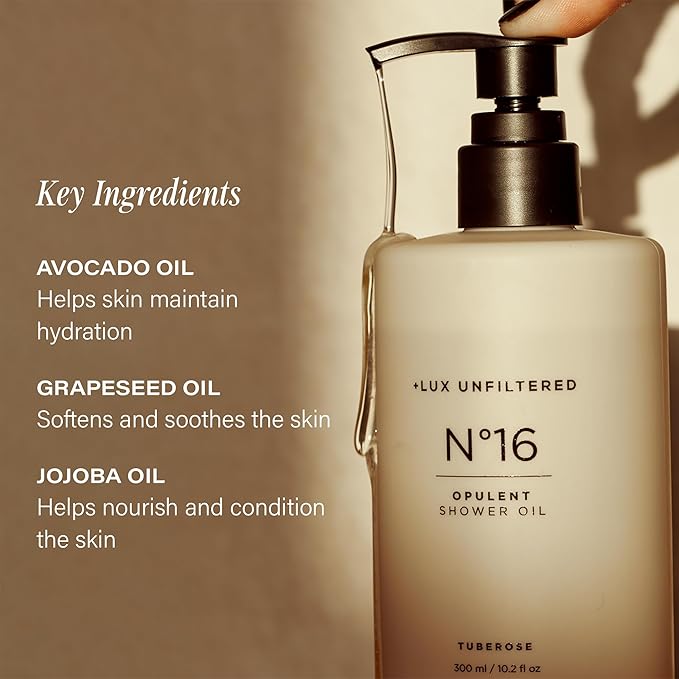 + Lux Unfiltered N°16 Opulent Shower Oil - Body Wash in Tuberose - Full Body Cleansing Oil with Jojoba Avacado and Grapeseed - Vegan &amp Cruelty Free