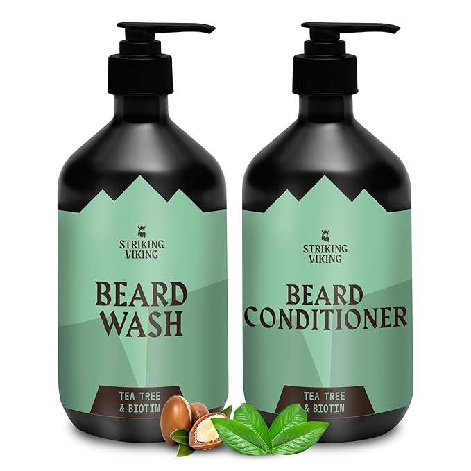 Striking Viking Beard Wash and Conditioner (Tea Tree &amp Biotin) - Paraben &amp Sulfate Free Cleansing Care for All Beard Types (10oz Per Bottle)