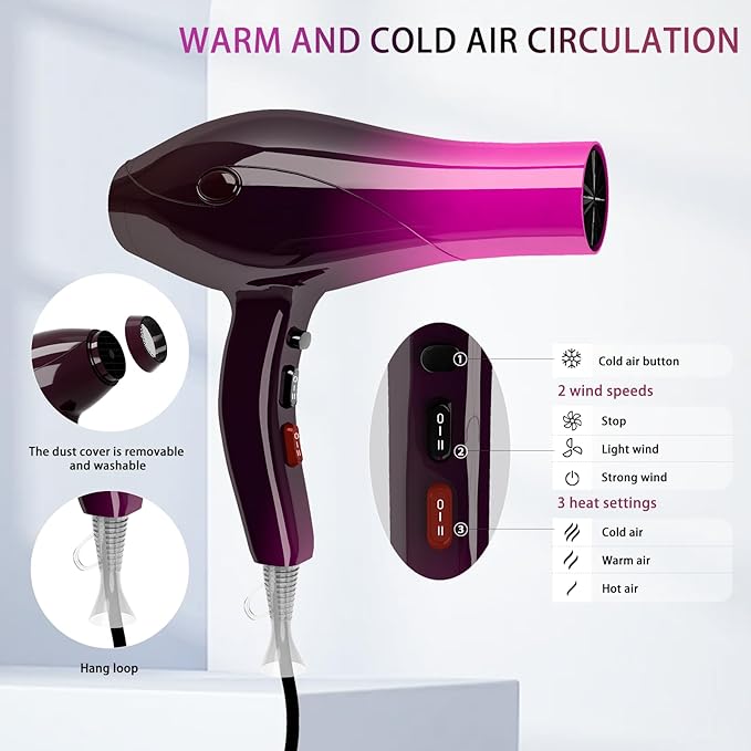 Ionic Hair Dryer2400W Negative Ion Low Noise Hair Dryer Professional Fast Drying Hair Dryers with 2 Speeds 3 Heat Settings Cooling Buttonwith Diffuser for Curly and Straight Hair（Crimson Fade）