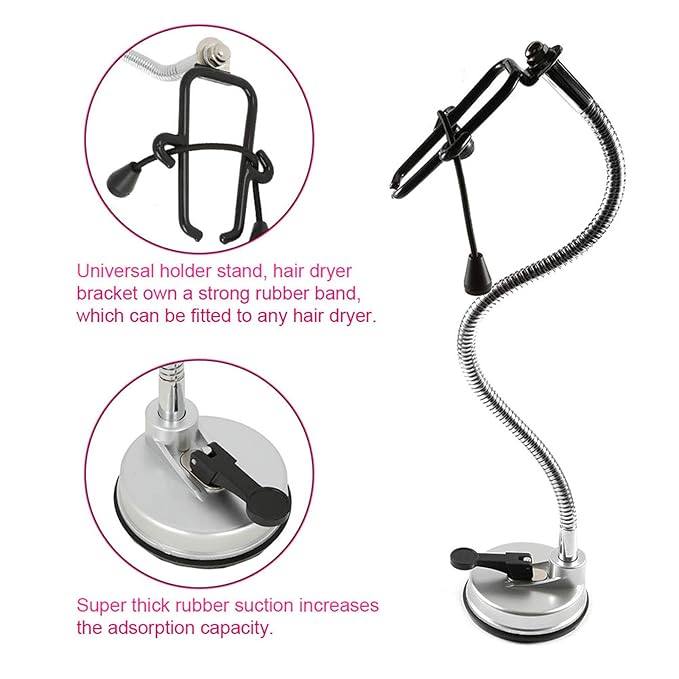 Adjustable Hair Dryer Holder Stand 360 Degree Freely Rotation Hair Dryer Wall Universal Holder Hands Hair Blower Stand with Suction Cup