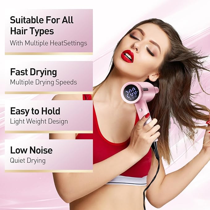 Hair Dryer High-Speed Ionic Blow Dryer Powerful 1600 Watt Motor for Fast Drying and Straight &amp Wavy Hair Foldable Lightweight Hairdryer with Magnetic Suction Nozzle for Home Salon Travel