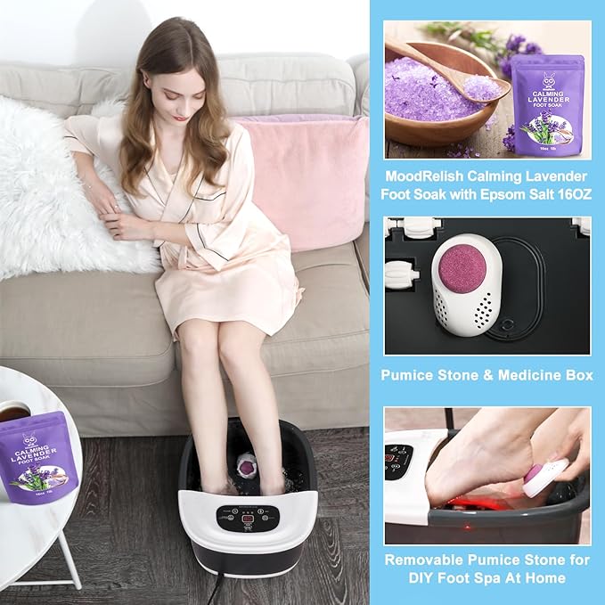 Foot Spa Bath Massager with Heat Bubbles and Vibration Massage and Jets 16 OZ Calming Lavender Foot Soak Epsom Salt MoodRelish Foot Soaker with Red Light 22 Massage Rollers Adjustable Temp - Black