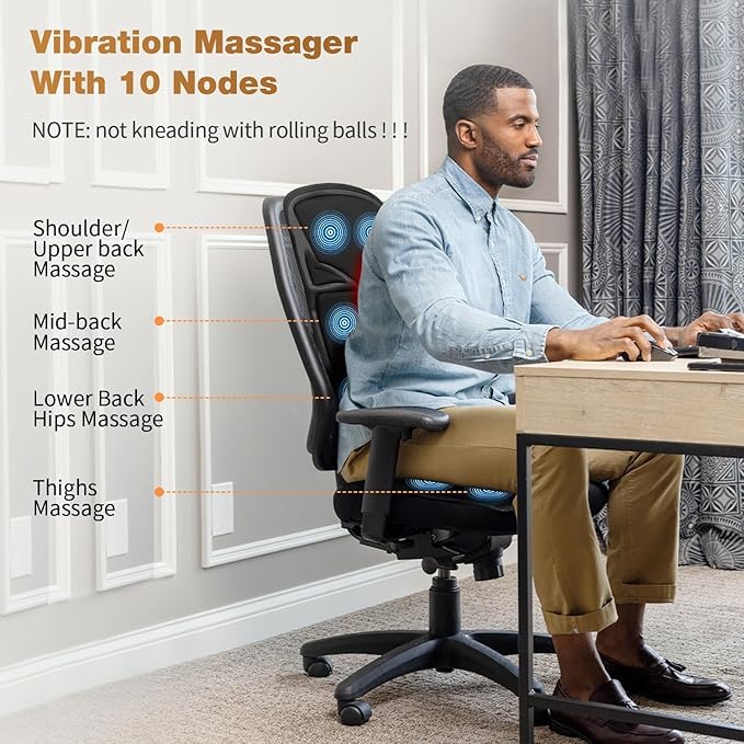 SLOTHMORE Back Massage Chair Pad Back Massager with Heat for Pain Relief Chair Massager for Full Body Massage Deep Tissue Vibration Massger with 2 Adapters Chair Massager for Office and Recliner