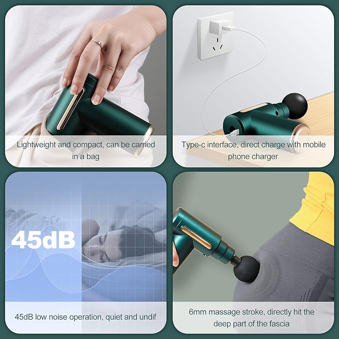 Ergocar Powerful Muscle Massage Gun Deep Tissue 6 Speeds Handheld Electric Body Massager with 4 Heads Super Quiet Fashion for Athletes Sedentary Office WorkerButton Style-Grey