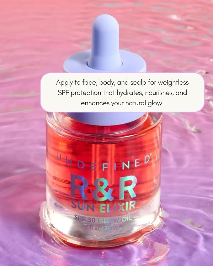 Undefined R&ampR Sun Elixir SPF 30 – Multitasking Glow Oil with Vitamin C Water-Resistant Sunscreen Rose &amp Vanilla Scent to brighten and protect face body hair from UV damage