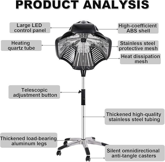 1000w Freestanding Hair Dryer Steam Hair Dryer with Led Display 4 Adjustable Wind Speeds Omnidirectional Heating Suitable for Professional Salons Spas and Home Use. Black