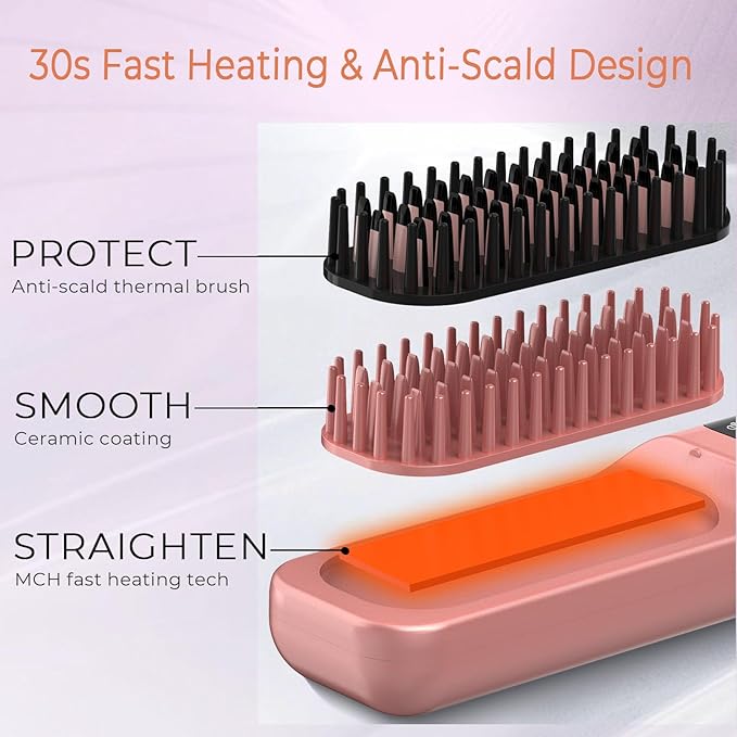 Cordless Hair Straightener Brush 10000mAh: Electric Hot Comb for Black Women Hair - Portable Negative Ion Straightening Brush for Travel