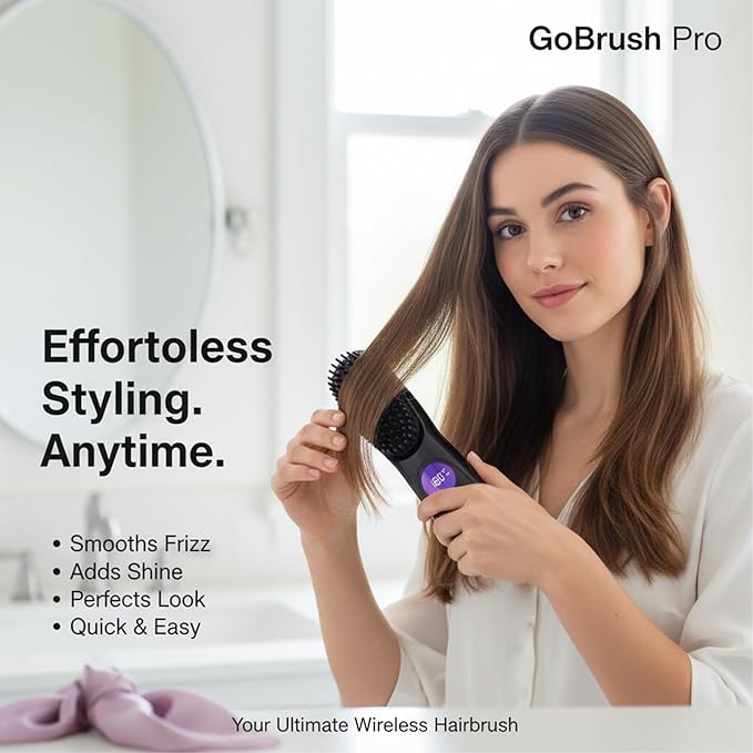 Go Brush Pro Gobrush Pro Portable Straightener Brush Cordless Hair Straightener Brush for Short Hair 3 Adjustable Temperature LED Display Upgraded Fast Heating Hairs Comb for Women Travel (Black)