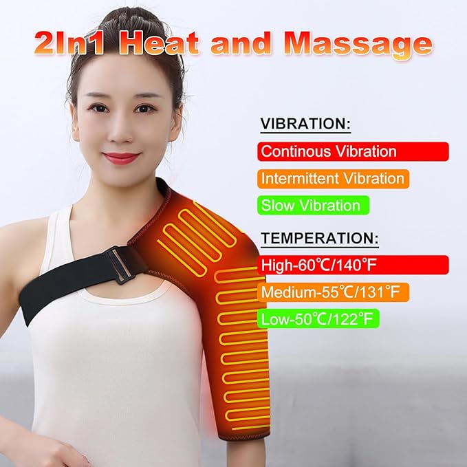 WOOLALA Heated Shoulder Brace with Massager Portable Electric Heating Pad for Shoulders Pain and Upper Arm Muscle Massage Heated Wrap for Left
