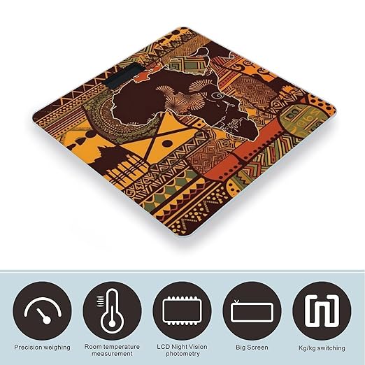 African Map Ethnic Pattern Weight Scale Large Bathroom Scales Digital Weight with Bright LED Display Non Slip Automatic Weighing Scale Fashion Weighing Machine for Body