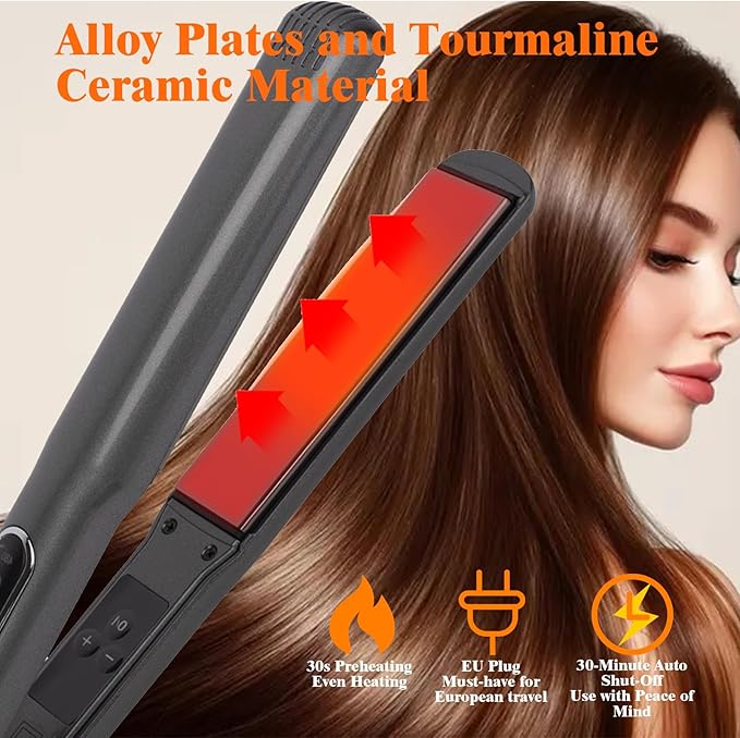 220v Fast Heating Hair Straightener Curling 5-Level Temperature Control 480ºF(250° C) 2 m/6.56 ft 360° Swivel Cord 1.5 inch Hair Straighten Hair Curls Styling Tool(EU Plug)