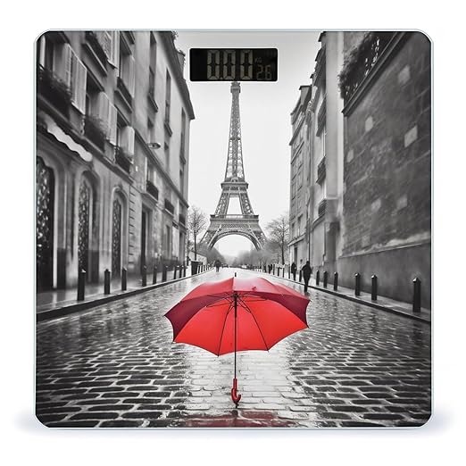 Eiffel Tower Paris Red Umbrella Scale for Body Weight Sturdy Tempered Glass Weighing Scales with LCD Display Accurate Digital Bathroom Scale Convenient Body Fat Smart Scales Easy Read