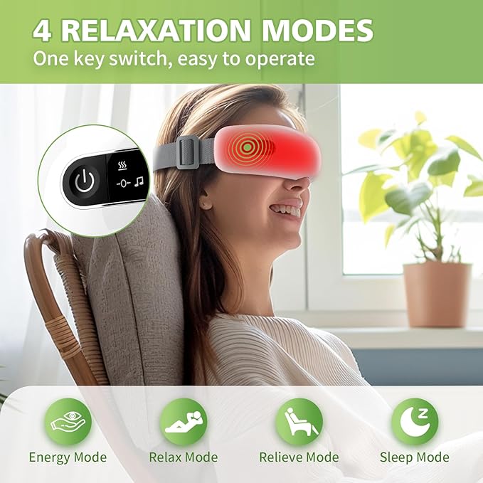 NOWWISH Eye Massager with Heat Vibration and Bluetooth Music for Migraine Headache Eye Strain Relief Heated Eye Mask with 4 Massage Modes Relaxation -Mothers Day Gifts for Mom Wife -White