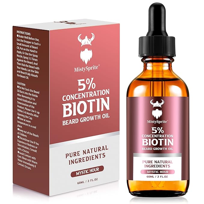 Beard Growth Oil - 5% Concentration Biotin Beard Oil for Men (2 oz) - Natural Mens Beard Oil with Argan Oil Jojoba Oil and Vitamin Beard Growth Softener Moisturizer (Mystic Hour)