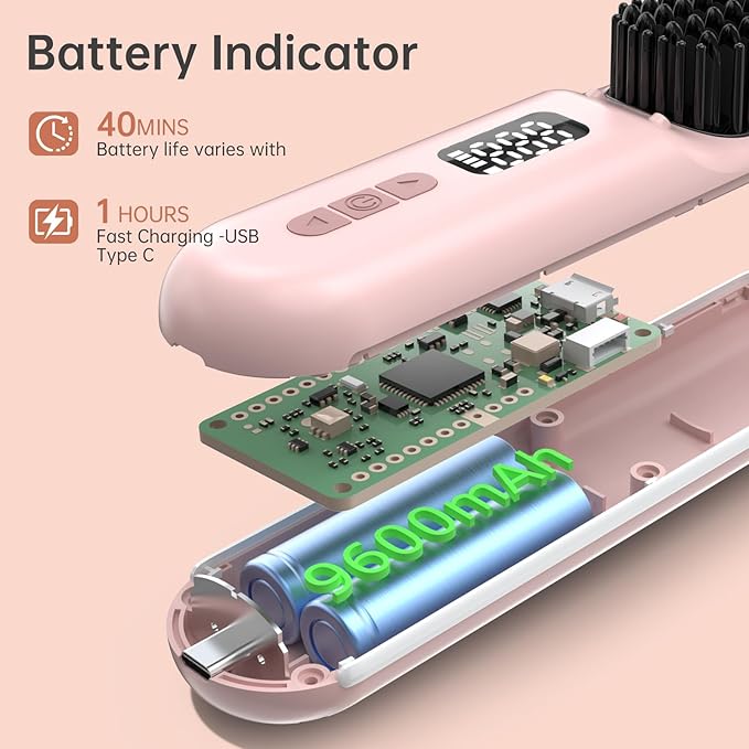 Hair Straightener Brush Portable Cordless Mini Straightening Brush for Travel 300M Negative Ions for Frizz-Free Shine Fast HeatingHot Comb Hair Straightener with 9 Temps for Women