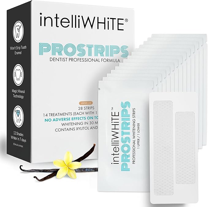 IntelliWHiTE ProStrips Teeth Whitening Strips Whitens Up to 12 Shades Enamel-Safe Gentle Remineralizing Formula Dentist Formulated for Sensitive Teeth (28pk Vanilla Flavor)