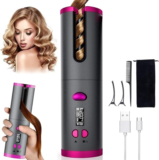 Automatic Curling Iron Hair Curling Iron for Hair Styling Cordless Auto Hair Curler with 6 Temps and Timers Auto Shut-Off Fast Heating Rechargeable Cordless Hair Curler 1 (Gray)