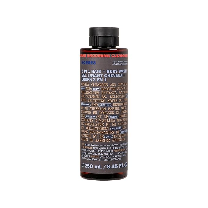 KORRES Athenian Grooming 2-in-1 Men’s Shampoo &amp Shower Gel Moisturising &amp Detangling Formula Achillea Millefolium &amp Marjoram Extracts Bergamot &amp Leather Scent Silicone &amp Parabe