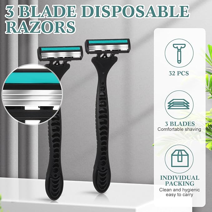 32 Pcs Men's Disposable Razors Bulk 3 Blade Shaving Razors for Sensitive Skin Comfortable Head Shave Easter Gifts