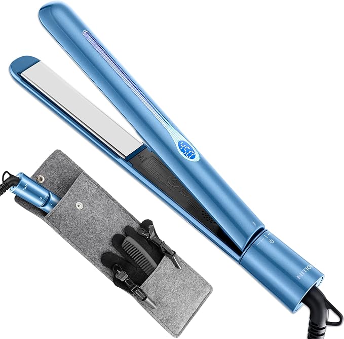 NITION Nano Titanium Hair Straightener 1 inch 3D Floating Heating Plate Smooth Straightening Flat Iron for All Hair Type. MCH 10s Fast Hating Up. Travel Pouch Bag. Dual Voltage. Luxury Gift Box