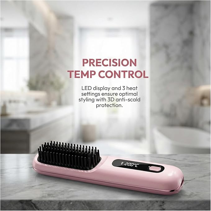 2026 Go Brush Pro Cordless Hair Straightener Brush Portable Travel Mini Straightener for Short Hair with LCD Temperature Display Fast Heating Small Hair Styling Tool for Women (Blue)