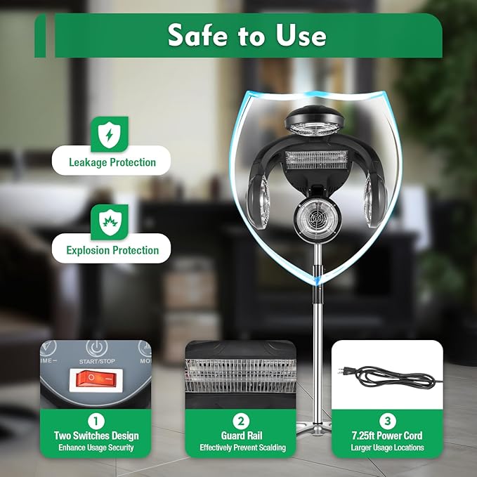 Freestanding Salon Hair Dryer Machine 1400W High Power Stand Alone Hair Dryer LCD Screen Adjustable Time/Temp/Height 5 Modes for Perm Color Decolor Care and Dry 110V