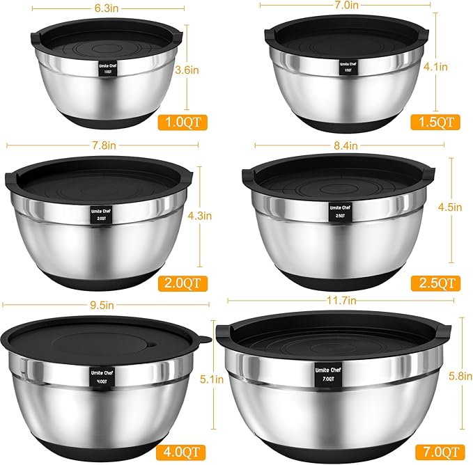 Umite Chef Mixing Bowls with Airtight Lids 26Pcs Stainless Steel Bowls Set 3 Grater Attachments &amp Black Non-Slip Bottoms Size 7 4 2.5 2.01.5 1QT Great for Mixing &amp Serving