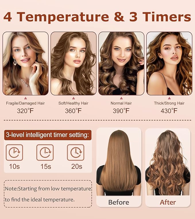Auto Hair Curler Automatic Curling Iron with 4 Temperature &amp 3 Timer Automatic Shut-Off Anti-Scald Anti-Tangle Rotating Curling Wand for Hair Styling White