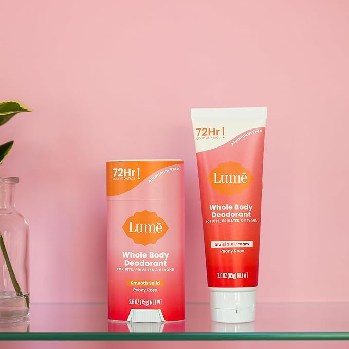 Lume Whole Body Deodorant - Invisible Cream and Solid - 72 Hour Odor Control - Aluminum Free Baking Soda Free Skin Safe - 3.0 Ounce Cream and 2.6 Ounce Solid Bundle (Peony Rose)