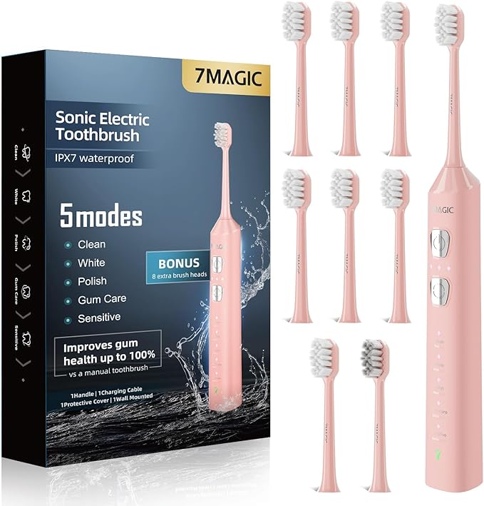 7MAGIC Sonic Electric Toothbrush for Adults and Kids - Up to 180 Days Runtime 42000 VPM Powered Toothbrush 5 Modes &amp 3 Intensities for Sensitive Teeth &amp Braces Includes 8 Brush Heads Pink