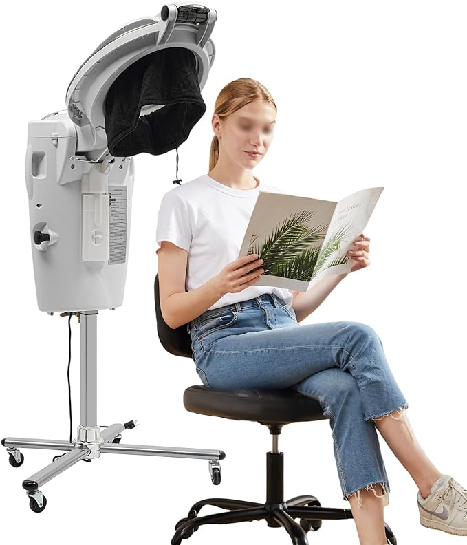 Professional Standing Hair Steamer for Salon &amp Home 700W Ozone Steam Therapy with Light Scalp Care Adjustable Height Hooded Dryer with 12 Light Auto Shut-Off (White)