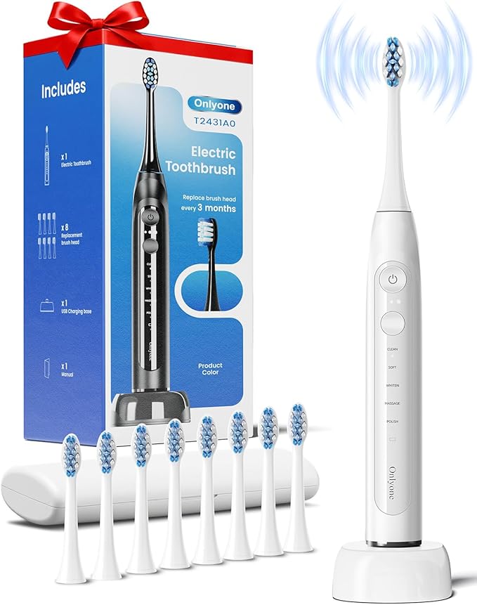 Onlyone Sonic Electric Toothbrush for Adults Rechargeable Ultrasonic Electric Toothbrush with 8 Brush Heads Travel Case Charging Base &amp Wireless Charging - 5 Modes with Smart Timer