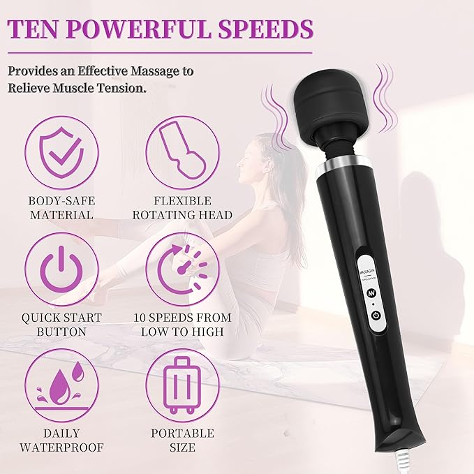 Wired Wand Massager for Women 10-Speed Electric Handheld Deep Tissue Massager Powerful Plug-in Full Body Muscle Recovery Tool for Neck Back Shoulder &amp Foot Relief (Black)