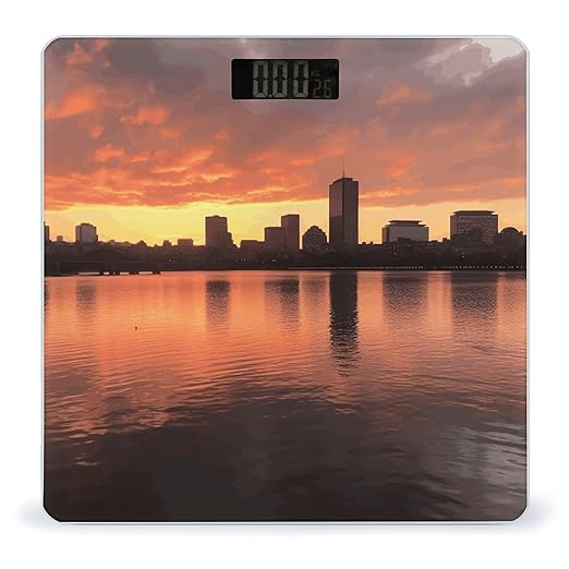 Boston Charles River City Skyline Sunset Scale for Body Weight Safe Rounded Corners Tempered Glass Digital Bathroom Scale LED Display 400lb Capacity Weight Scales with High Precision Sensors