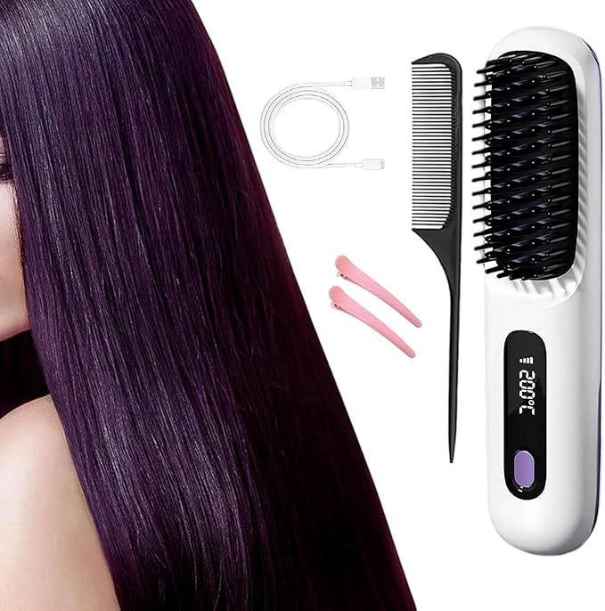 Cordless Hair Straightening with Lcd Temperature Display Type-c Charging Fast Heating Portable Hair Brushs for Travel(White)