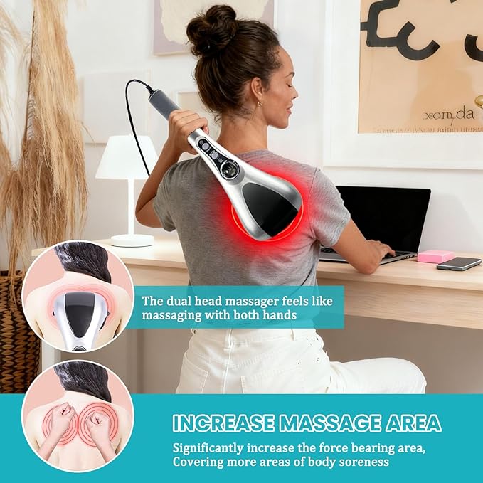 Dual Head Handheld Percussion Massager with Heat Electric Deep Tissue Back Massager for Neck Shoulder Back Leg &amp Full-Body Muscle Relief Ideal Gift for Parents