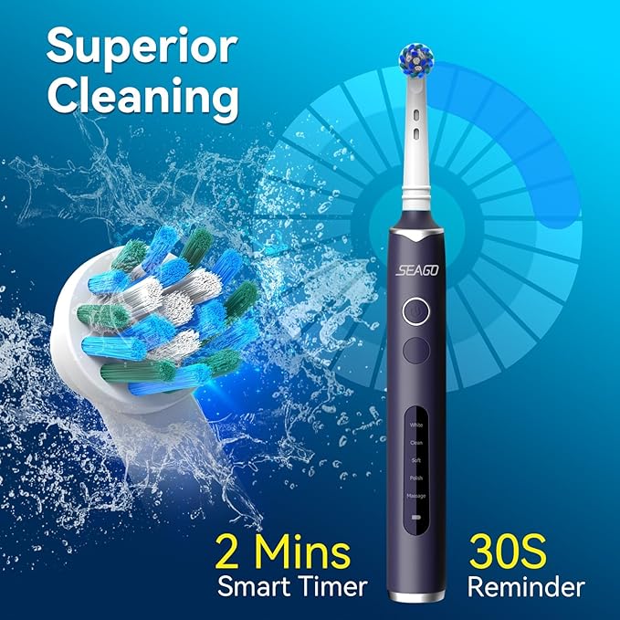 SEAGO Rotating Electric Toothbrush with 8 Round Brush Heads with 5 Cleaning Modes Sonic Technology Whitening Teeth in 14 Days for Adult and KidsSG-2603 (Black)