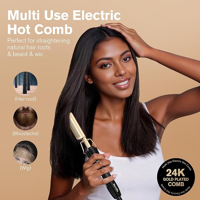 Terviiix Hot Comb for Lace Front Wigs Curved Teeth Pressing Combs for Black Women Hair Anti-Scald Straightening Comb Electric Heat Comb Temperature Adjustable 60 Min Auto Shut Off