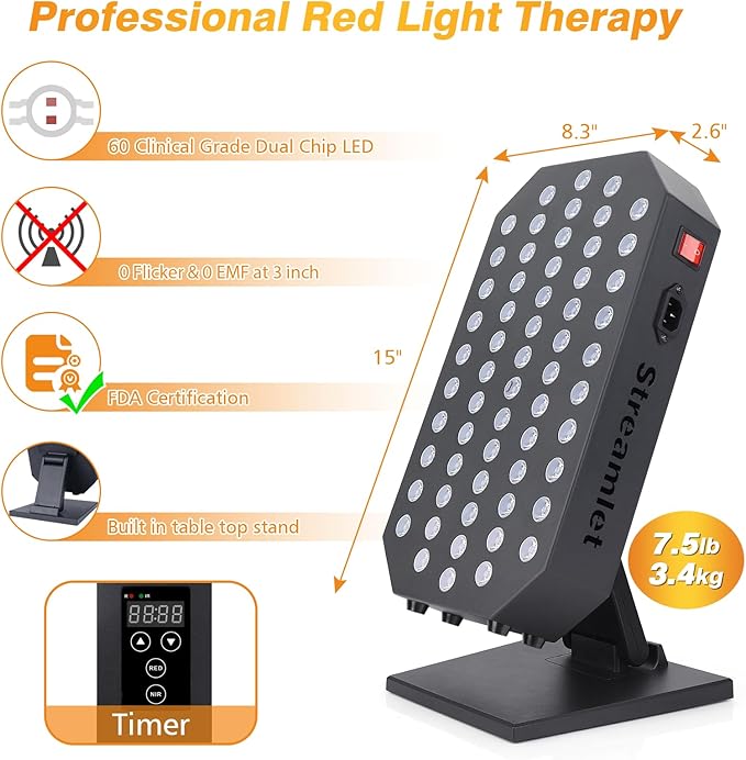 Red Light Therapy Panel for Face Body 660nm 850nm Near Infrared Light Device with Timer 60 Dual Chip Clinical Grade LEDs for Skin Health Recovery Pain Improve Sleep Energy Anti Aging