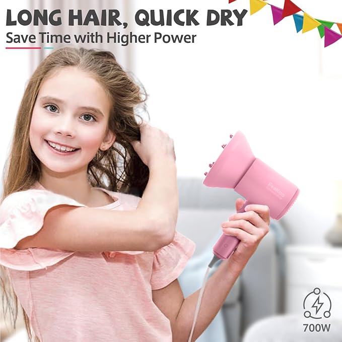 Feekaa Kids Hair Dryer Portable Mini Blow Dryer with Diffuser Quiet Small Hair Dryer for Children Compact Kids Hairdryer with DIY Stickers Lightweight Boy &amp Girl Birthday Gift Pink