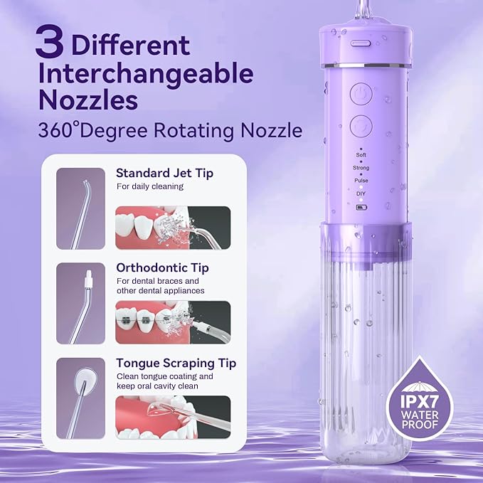 JTF Portable Water Flosser for Travel: Compact Mini Design 3 Modes &amp 8 DIY Pressure Levels for Sensitive Teeth &amp Braces - with 5 Nozzles &amp Removable 230ml Tank Cordless Oral Irrigator fo