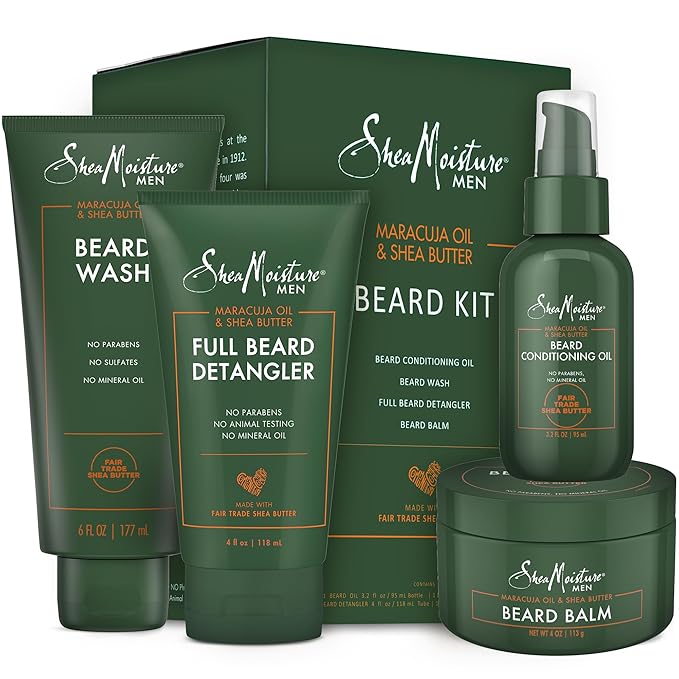 SheaMoisture Beard Kit for Men – Beard Wash Conditioning Beard Oil Full Beard Detangler + Beard Balm with Shea Butter &amp Maracuja Oil Gifts for Men (4 Piece Set)
