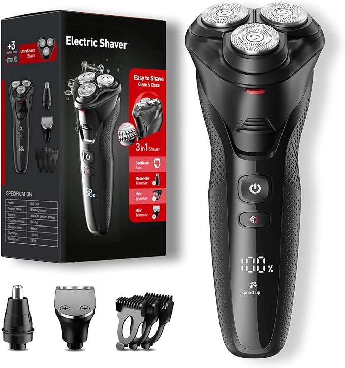 Cordless Electric Razor for Men: 3-in-1 Electric Shavers for Men - IPX7 Waterproof &amp Precision Blades - Turbo Speed Travel Kit for Beard Nose Sideburns