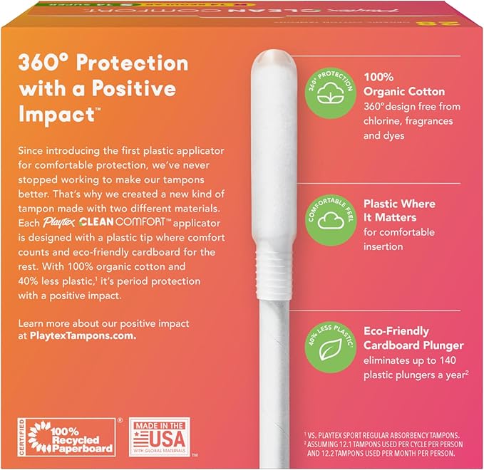 Playtex Clean Comfort Organic Cotton Tampons Super Absorbency Fragrance-Free Organic Cotton - 30ct