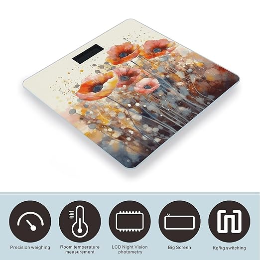 Watercolor Red Poppy Flowers Bathroom Scale Rounded Smart Scale for Body Weight Automatic Power On/Off Weight Scales Accurate Bathroom Digital Scales for Pet Home Bedroom Kitchen