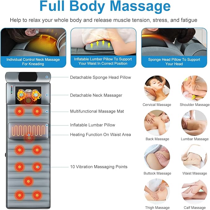 Full Body Electric Massage Mat with Heat 10 Vibration Motors 3 Timers Vibration Massage Pad for Bed Back Mattress Chair Pad with Neck Massager Lumbar Pillow