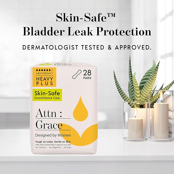 Attn: Grace Heavy Plus Incontinence Pads for Women 28-Pack - Plant-Based High Absorbency Breathable - Incontinence Pads for Heavy Bladder Leaks &amp Sensitive Skin