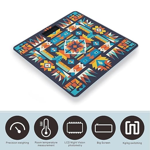 Navajo Tribal Pattern Bathroom Scale for Body Weight Bathroom Weighing Scales with Back Lit LED Display Sturdy Tempered Glass Body Weight Bathroom Scale 400lb Weighing